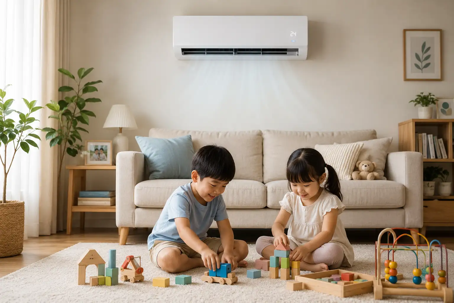 kids playing under air conditioner