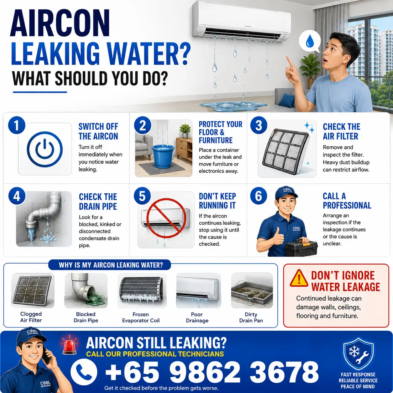 what to do a the time of aircon leaking water 